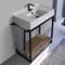 Console Sink Vanity With Marble Design Ceramic Sink and Natural Brown Oak Shelf, 35